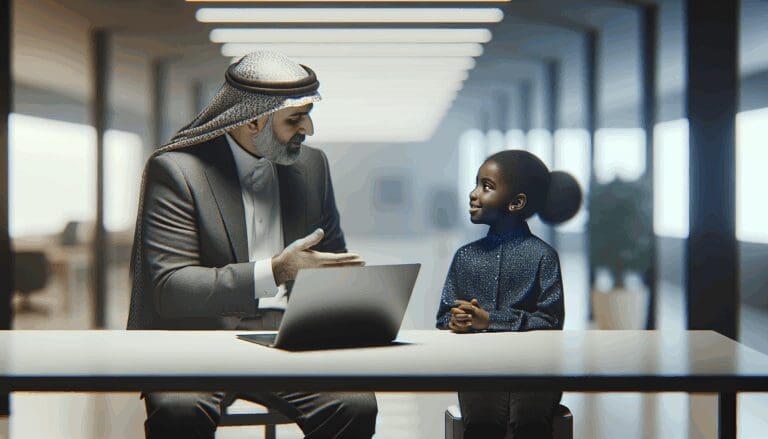 Padre e hija conversando frente a una laptop en un ambiente moderno de oficina.