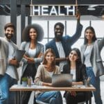 Grupo diverso de emprendedores en un espacio de coworking moderno, colaborando y trabajando con laptops, enfatizando la innovación en salud.