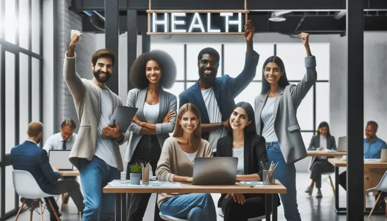 Grupo diverso de emprendedores en un espacio de coworking moderno, colaborando y trabajando con laptops, enfatizando la innovación en salud.