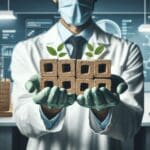 Manos sosteniendo ladrillos sostenibles en un entorno de laboratorio moderno y bien iluminado.