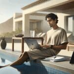 Persona joven relajada en una piscina moderna con ordenador portátil y smartphone, luz natural, ambiente veraniego, sin logos visibles.