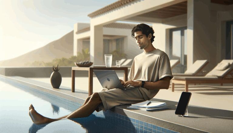 Persona joven relajada en una piscina moderna con ordenador portátil y smartphone, luz natural, ambiente veraniego, sin logos visibles.