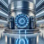 Primer plano de un reactor de fusión nuclear moderno en funcionamiento, con destellos azules y ambiente científico.