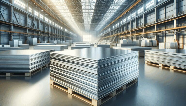 Planchas de aluminio reciclado apiladas en una fábrica aeronáutica de ambiente industrial, luz natural.