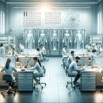 Laboratorio de alta tecnología con equipo de científicos trabajando en transmutación.