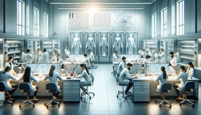 Laboratorio de alta tecnología con equipo de científicos trabajando en transmutación.