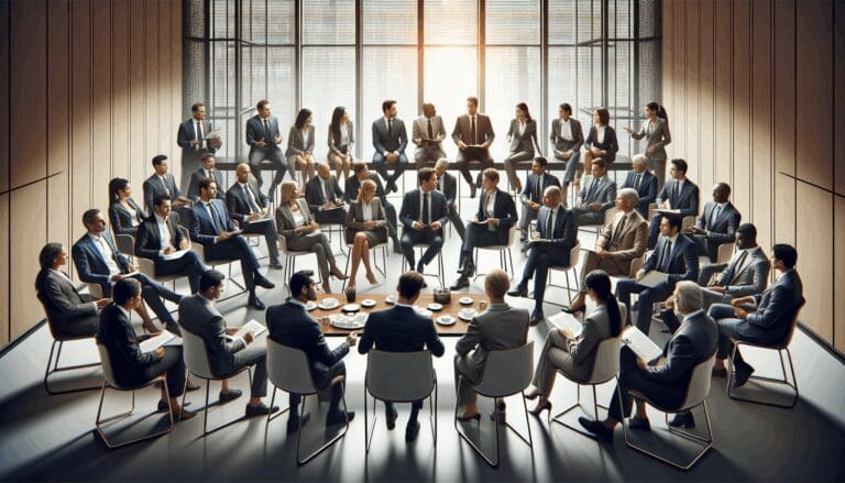 Reunión de emprendedores en un entorno moderno discutiendo temas legales.