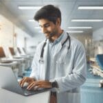 Profesional de la salud utilizando una laptop en un consultorio moderno con ambiente luminoso.