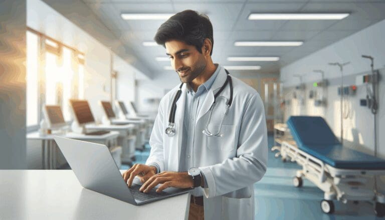 Profesional de la salud utilizando una laptop en un consultorio moderno con ambiente luminoso.