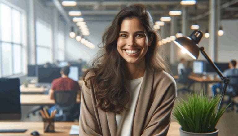 Fundadora emprendedora latinoamericana sonriente en un espacio de trabajo tecnológico moderno.