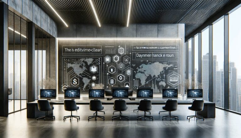 Oficina moderna de una fintech latinoamericana con techos altos y pantallas digitales mostrando flujos de pago.