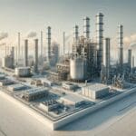 Render futurista de una planta tecnológica con instalaciones avanzadas y torres de energía limpia en un paisaje moderno.