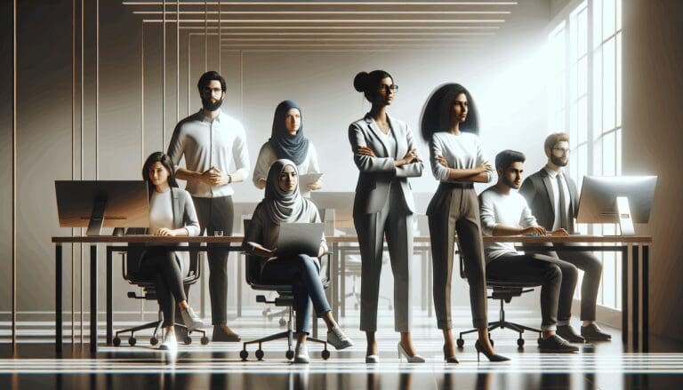 Representación gráfica de un equipo de startups trabajando en un entorno moderno y vibrante.