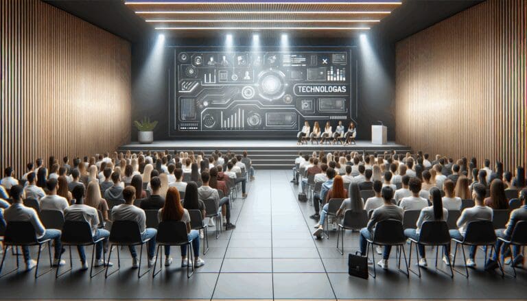 Auditorio moderno lleno de jóvenes escuchando una charla tecnológica.