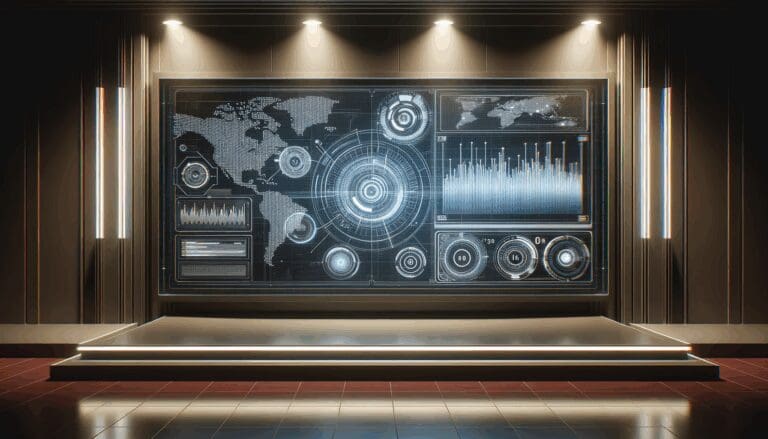 Panel de control digital con gráficos y líneas de datos sobre una pantalla en fondo oscuro, ambiente tecnológico.