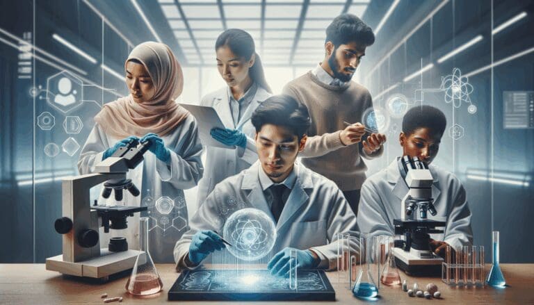 Equipo diverso de emprendedores en laboratorio de alta tecnología trabajando en biotecnología.