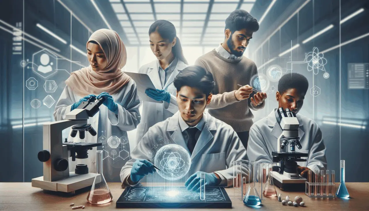 Equipo diverso de emprendedores en laboratorio de alta tecnología trabajando en biotecnología.