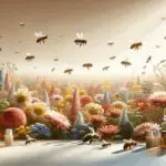 Abejas en un campo de flores, resaltando la relación con la cosmética natural