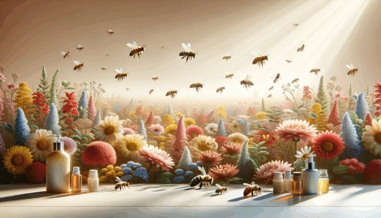 Abejas en un campo de flores, resaltando la relación con la cosmética natural