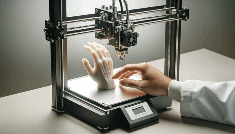 Primer plano de una impresora 3D en funcionamiento creando una prótesis pequeña en un entorno de laboratorio moderno.