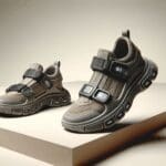 Primer plano de sandalias tecnológicas sobre fondo neutro, con sensores visibles en la suela.