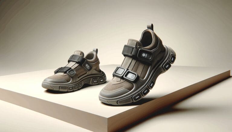 Primer plano de sandalias tecnológicas sobre fondo neutro, con sensores visibles en la suela.