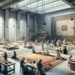 Taller con personas elaborando alfombras coloridas a mano, ambiente colaborativo y creativo.