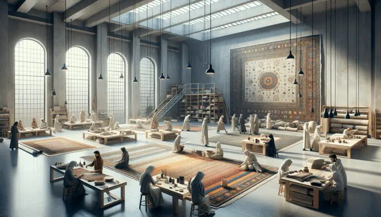 Taller con personas elaborando alfombras coloridas a mano, ambiente colaborativo y creativo.