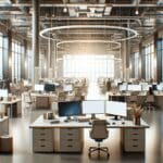 Interior de una oficina con equipos de tecnología y ambiente colaborativo.