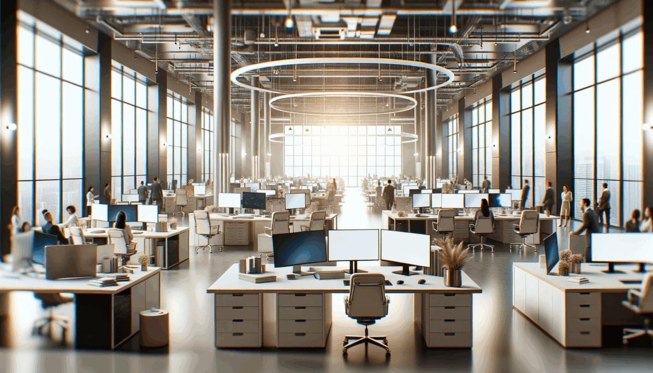 Interior de una oficina con equipos de tecnología y ambiente colaborativo.