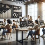 Emprendedores colaborando en un espacio de coworking moderno, con computadoras y gráficos de crecimiento en pantalla.