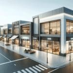 Imagen de un moderno stripcenter con locales comerciales variados.