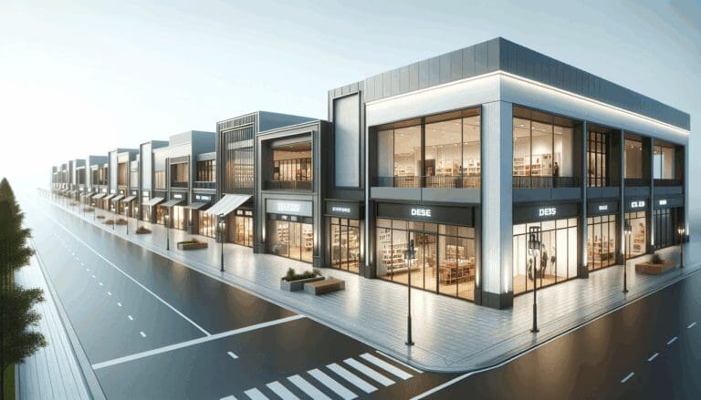 Imagen de un moderno stripcenter con locales comerciales variados.