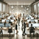 Oficina moderna de tecnología con pantallas digitales y personas colaborando.