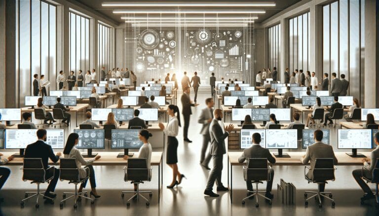 Oficina moderna de tecnología con pantallas digitales y personas colaborando.