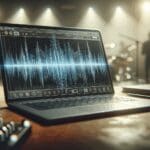 Primer plano de una computadora portátil con ondas de sonido digitales y fondo difuminado tipo estudio musical.