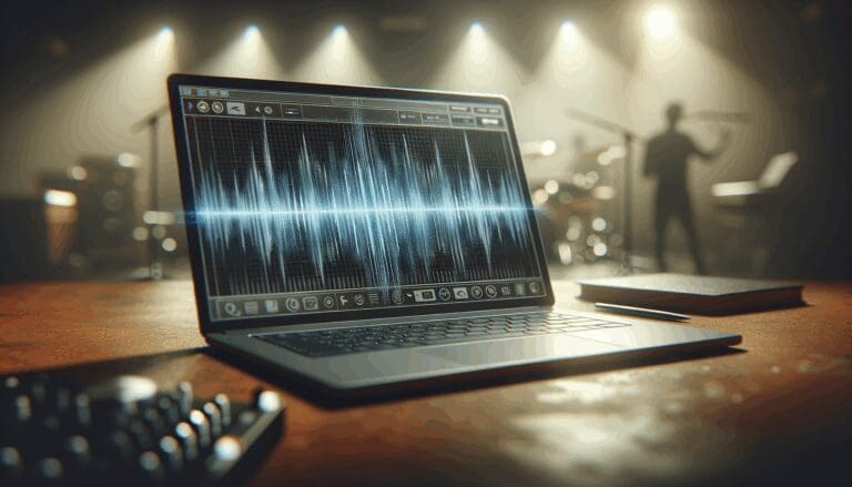 Primer plano de una computadora portátil con ondas de sonido digitales y fondo difuminado tipo estudio musical.