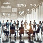 Emprendedores reunidos en una oficina moderna con gráficos de crecimiento en el fondo, ambiente colaborativo y tecnológico.