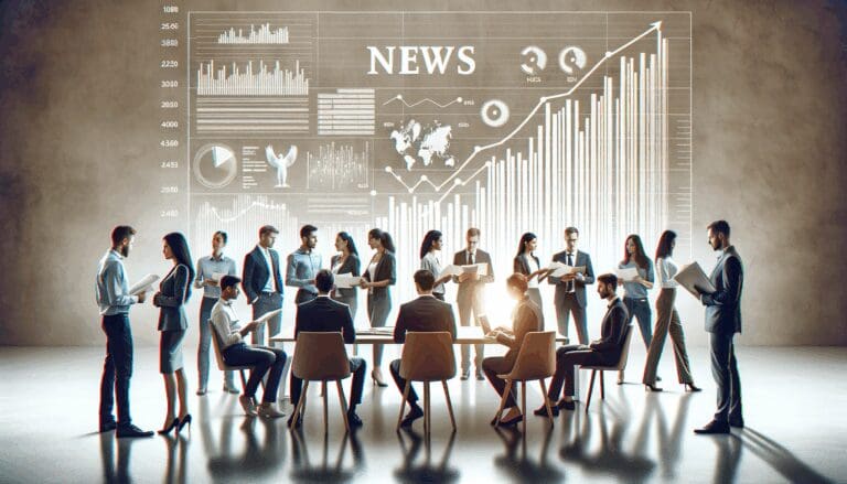 Emprendedores reunidos en una oficina moderna con gráficos de crecimiento en el fondo, ambiente colaborativo y tecnológico.