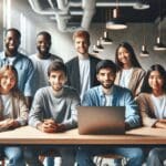 Equipo de jóvenes emprendedores reunidos alrededor de una laptop en un espacio de coworking moderno, con fondo desenfocado.