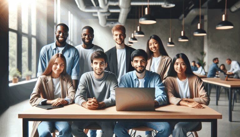 Equipo de jóvenes emprendedores reunidos alrededor de una laptop en un espacio de coworking moderno, con fondo desenfocado.