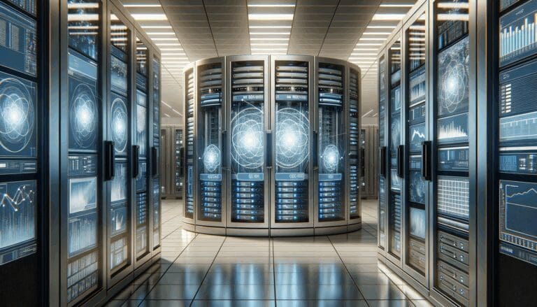 Close-up de servidores cuánticos y pantallas digitales en un laboratorio moderno.