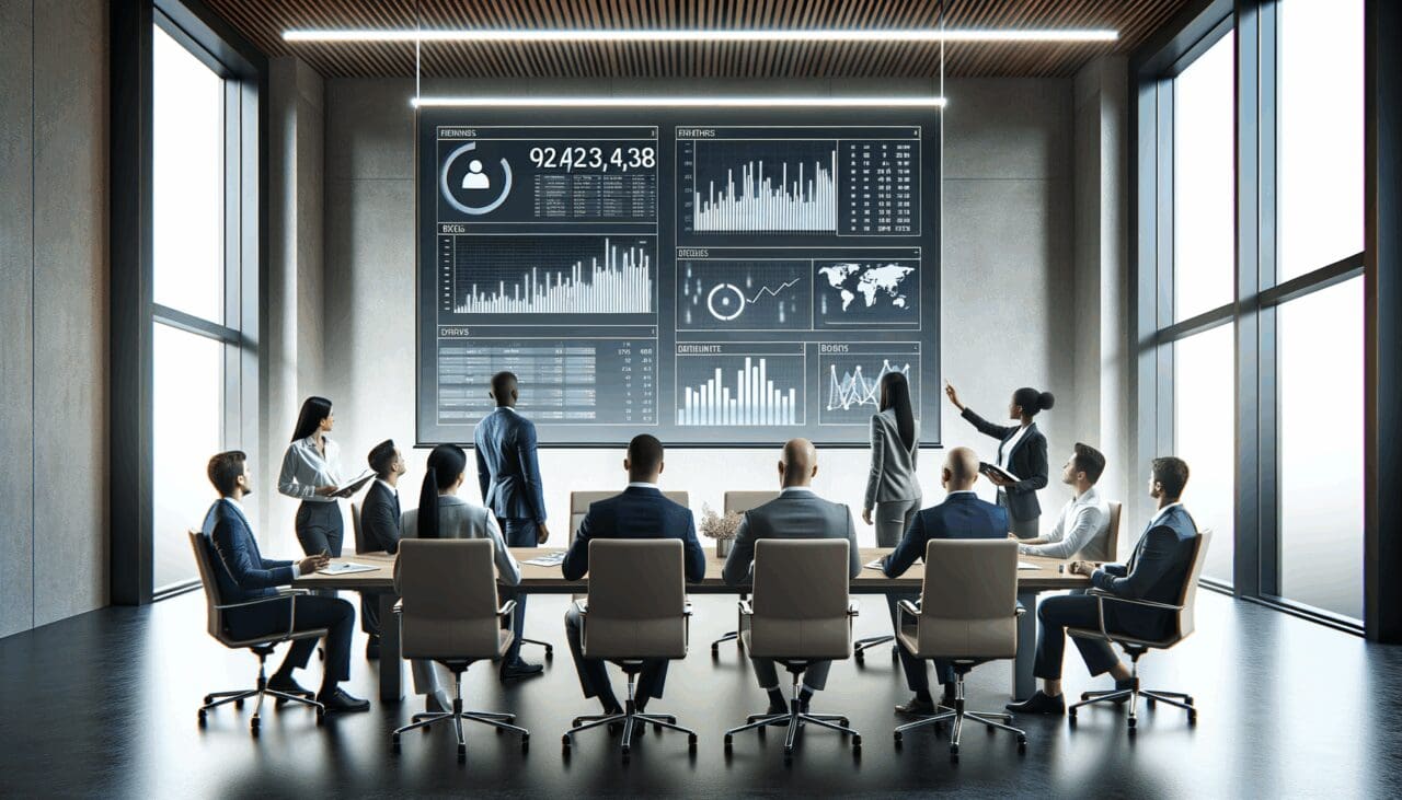 Grupo multicultural de emprendedores en una sala de juntas moderna, analizando métricas en una pantalla digital.