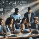 Fotografía de un grupo diverso de emprendedores en una sala moderna, colaborando con laptops y pizarras digitales.