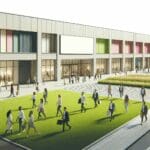 Moderna fachada de un stripcenter con áreas verdes y personas caminando durante el día.