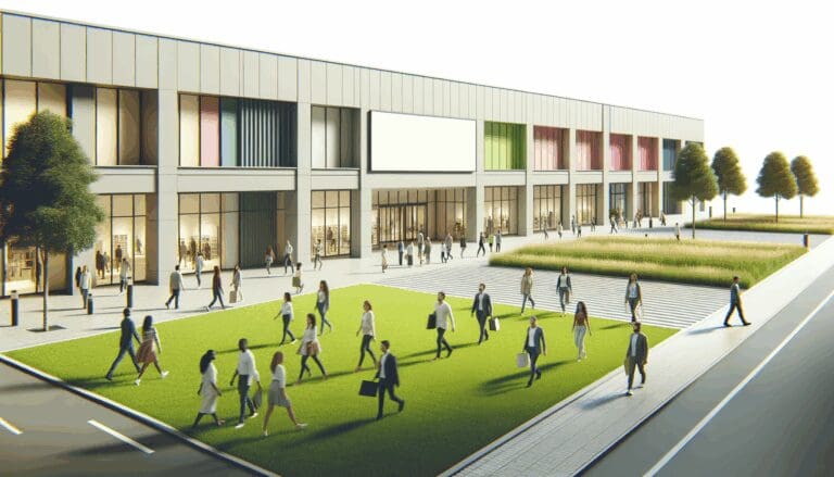 Moderna fachada de un stripcenter con áreas verdes y personas caminando durante el día.