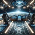 Interior de una nave espacial futurista vista desde la cabina, con la Tierra al fondo y ambiente tecnológico.