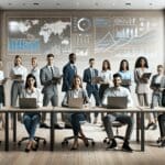 Equipo diverso colaborando en un espacio de coworking moderno, con laptops y gráficos digitales al fondo.