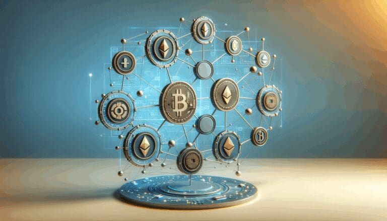 Gráfica conceptual con tokens digitales y cadenas de bloques entrelazadas sobre fondo azul.