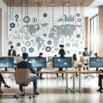 Startup latinoamericana moderna con profesionales analizando datos digitales en pantallas.